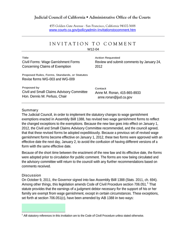 Invitation To Comment W12 04 Civil Forms   Wage Garnishment Forms Concerning Claims Of Exemption screenshot