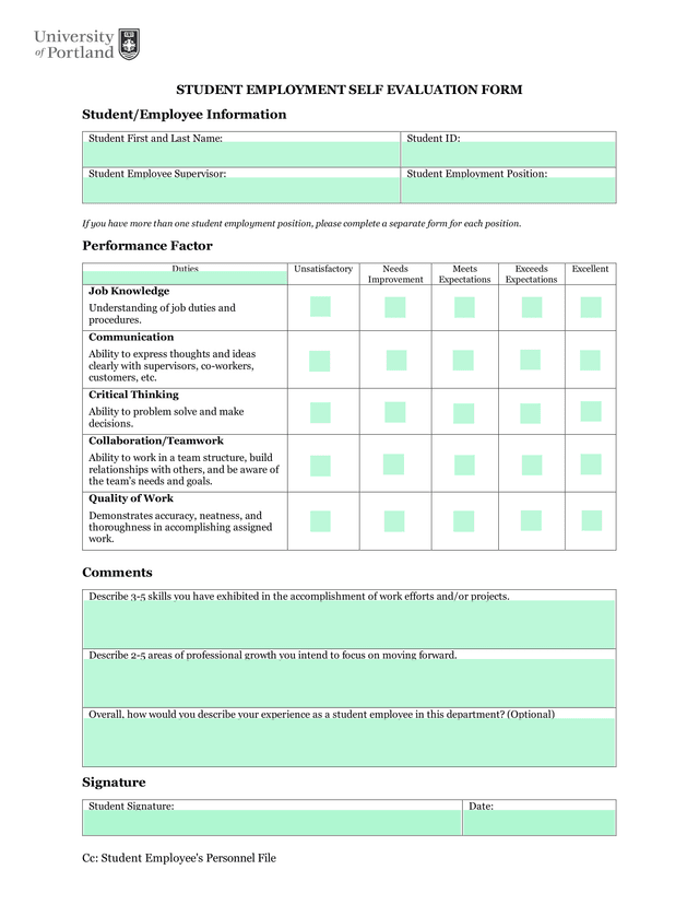 Student Employment Self Evaluation Form screenshot