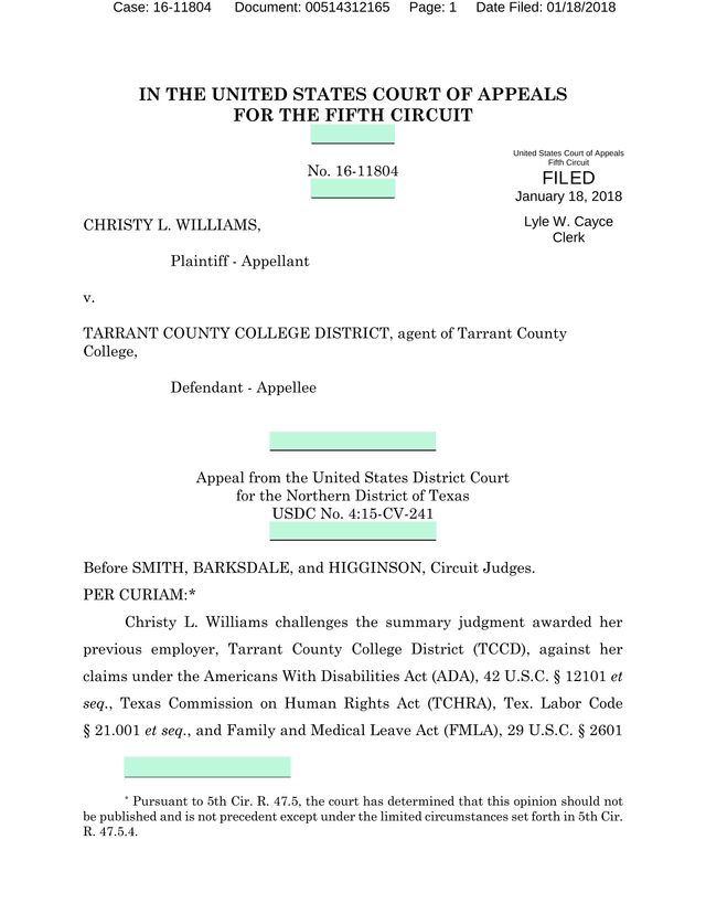 Christy L. Williams V. Tarrant County College District screenshot