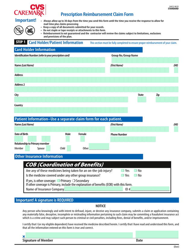 Prescription Reimbursement Claim Form screenshot