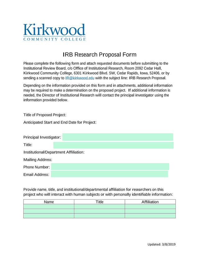 IRB Research Proposal Form screenshot