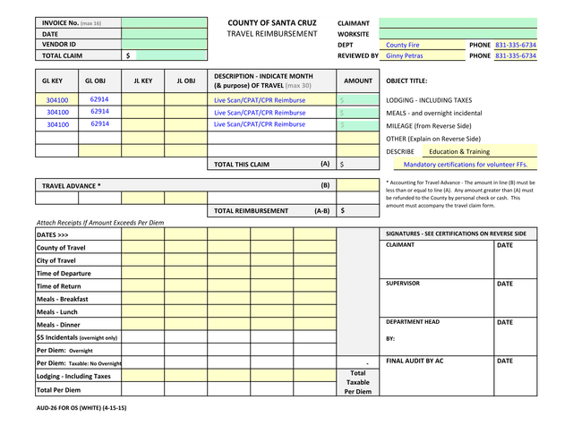 Travel Reimbursement Form screenshot
