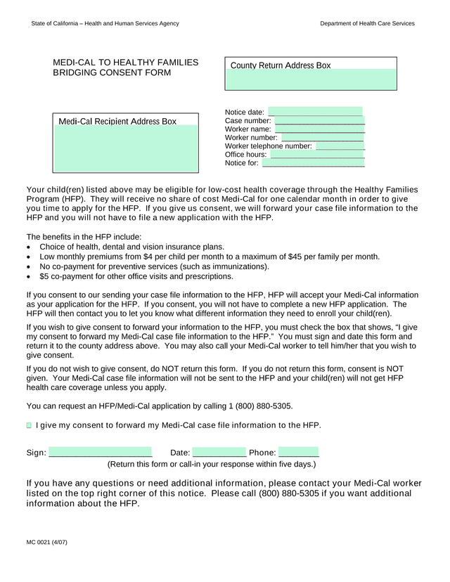 Medi Cal To Healthy Families Bridging Consent Form screenshot