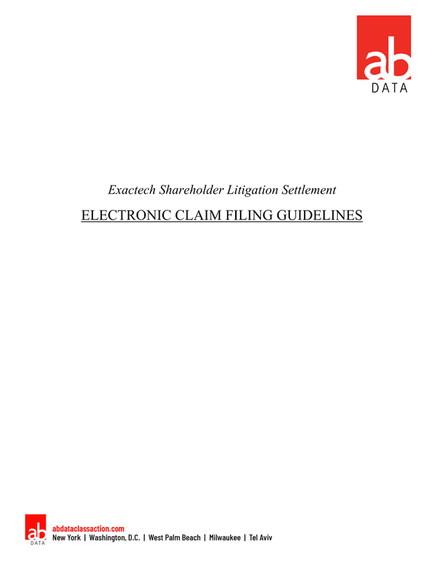 Exactech Shareholder Litigation Settlement Electronic Claim Filing Guidelines screenshot