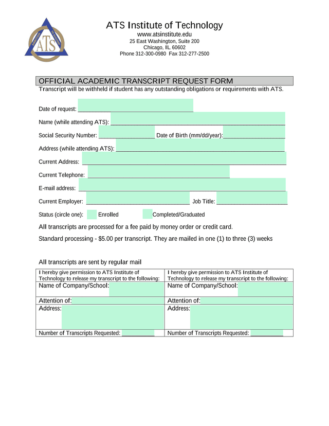 Official Academic Transcript Request Form screenshot