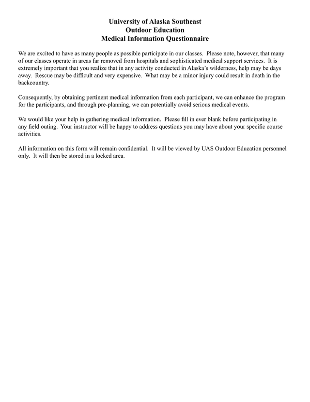 University Of Alaska Southeast Outdoor Education Medical Information Questionnaire screenshot