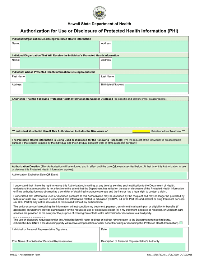 Authorization For Use Or Disclosure Of Protected Health Information (PHI) screenshot