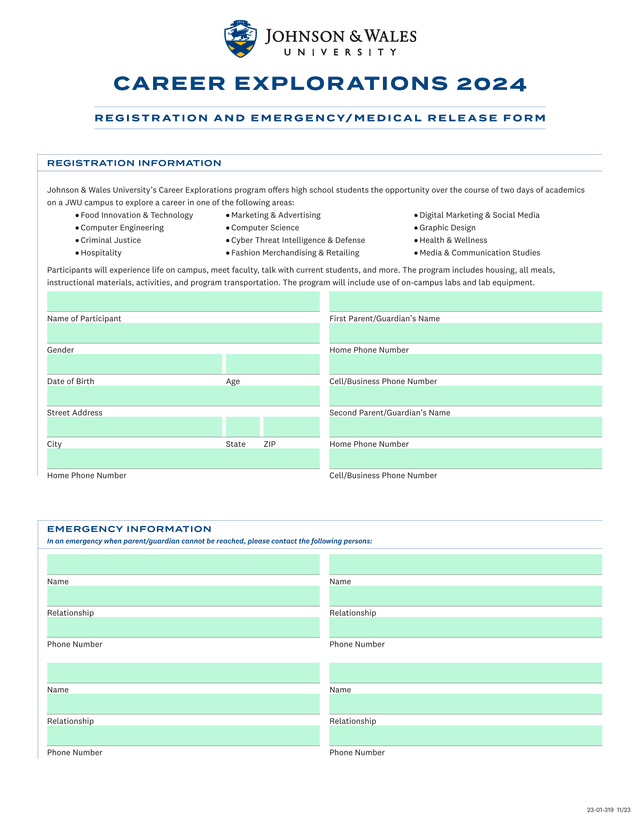 CAREER EXPLORATIONS 2024 REGISTRATION AND EMERGENCYMEDICAL RELEASE FORM screenshot