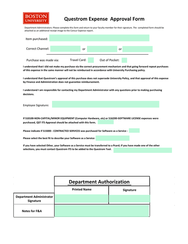 Questrom Expense Approval Form screenshot