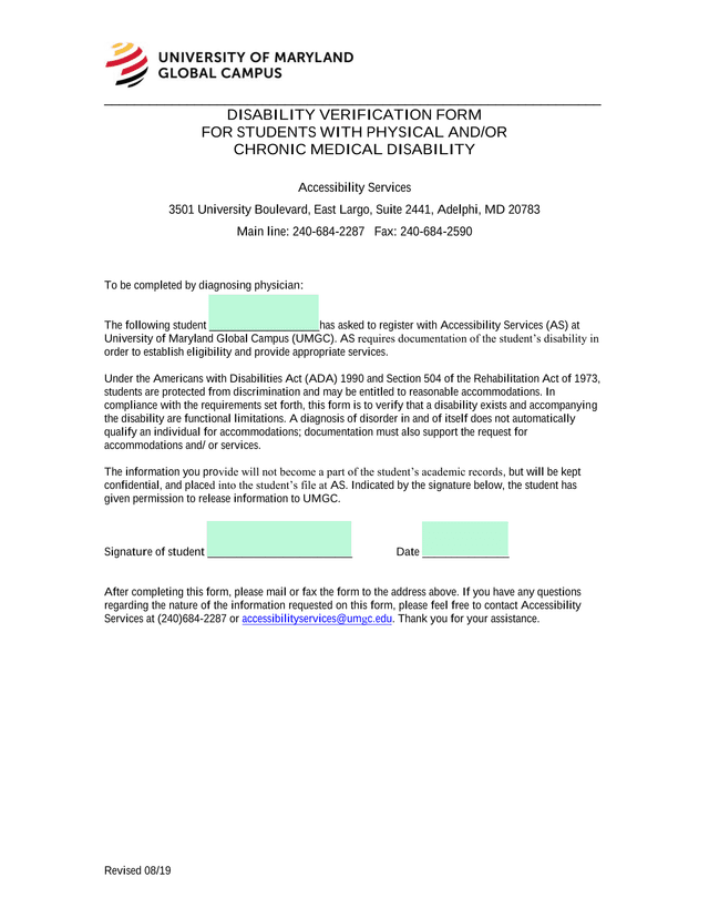 Disability Verification Form For Students With Physical AndOr Chronic Medical Disability screenshot