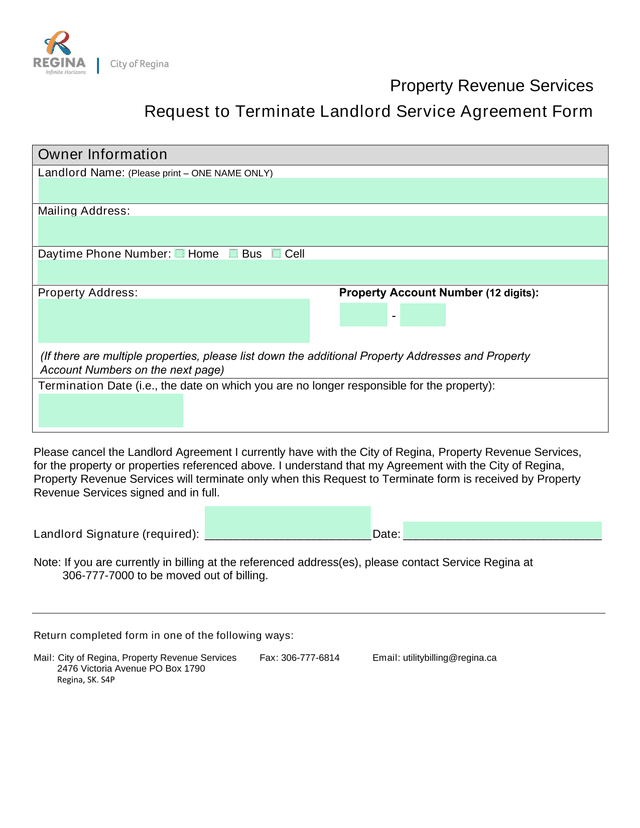 Request To Terminate Landlord Service Agreement Form screenshot