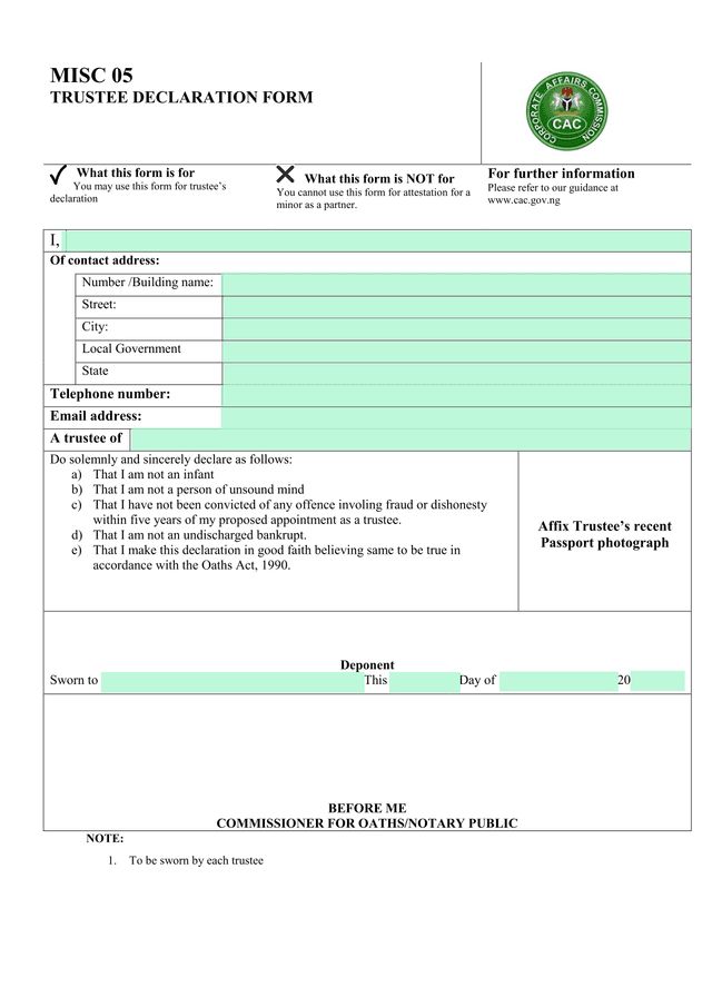 TRUSTEE DECLARATION FORM screenshot