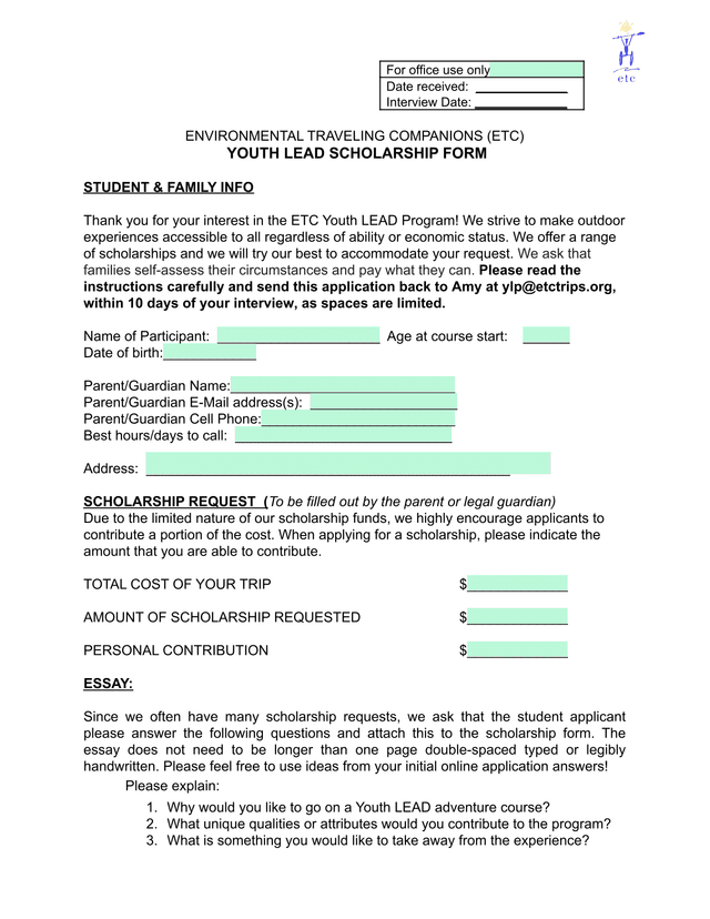 ETC Youth LEAD Scholarship Form screenshot