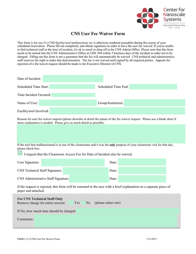 CNS User Fee Waiver Form screenshot