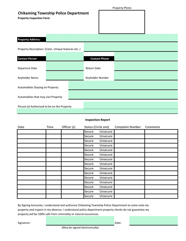Chikaming Township Police Department Property Inspection Form screenshot