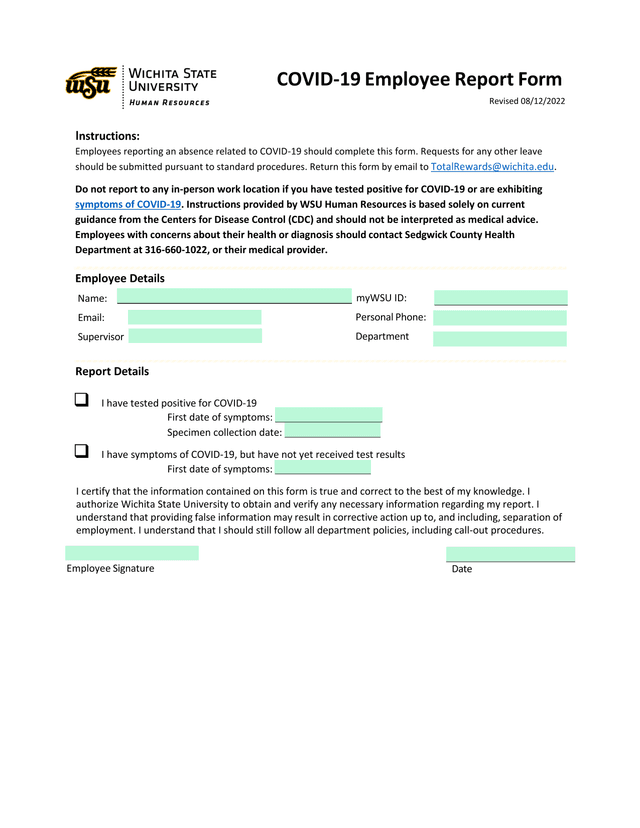 COVID 19 Employee Report Form screenshot
