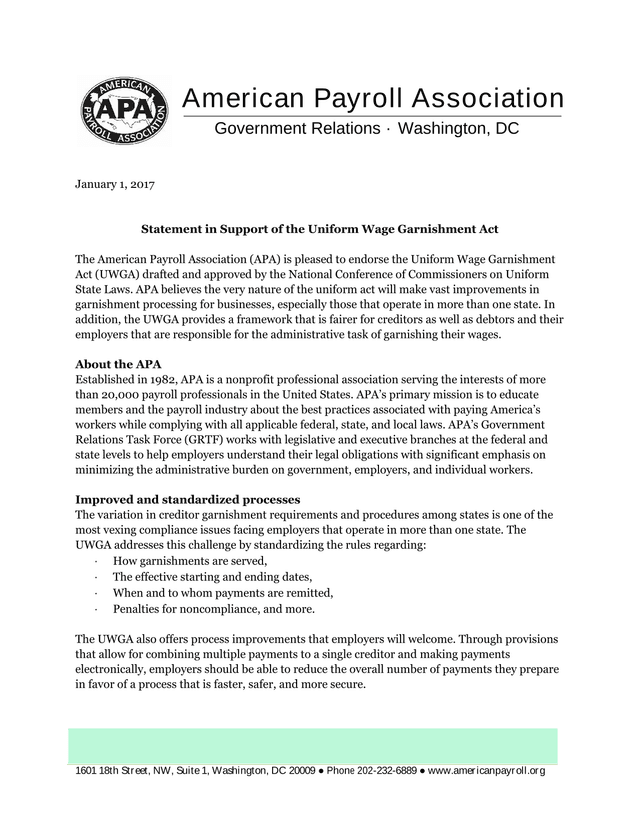 Statement In Support Of The Uniform Wage Garnishment Act screenshot