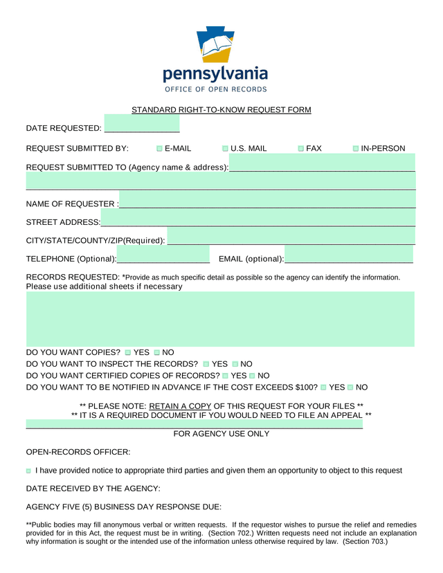 STANDARD RIGHT TO KNOW REQUEST FORM screenshot