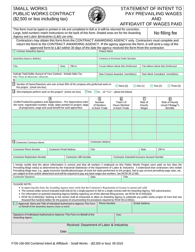 F700 106 000 Combined Intent  Affidavit  Small Works  (2,500 Or Less) screenshot
