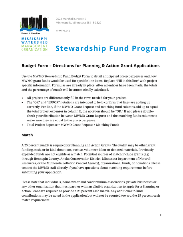 Stewardship Fund Program Budget Form screenshot