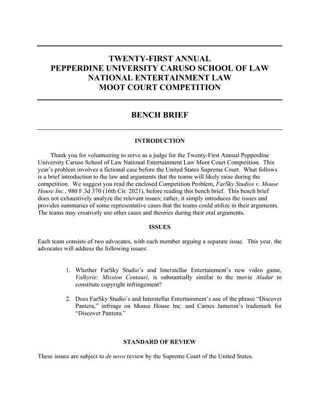 Bench Brief Pepperdine University Caruso School Of Law National Entertainment Law Moot Court Competi screenshot