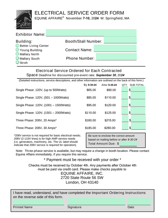 ELECTRICAL SERVICE ORDER FORM screenshot