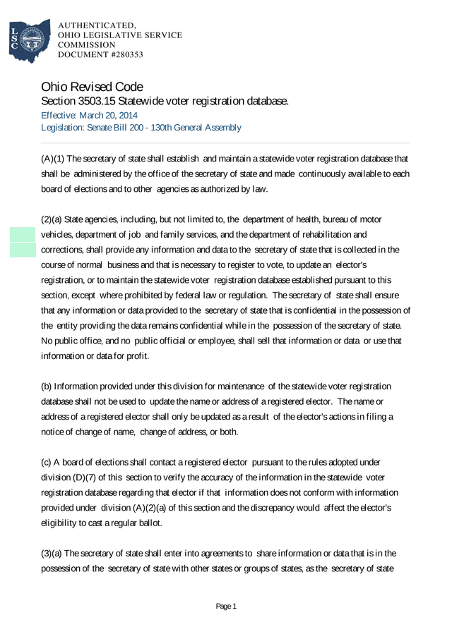 Ohio Revised Code Section 3503.15 screenshot