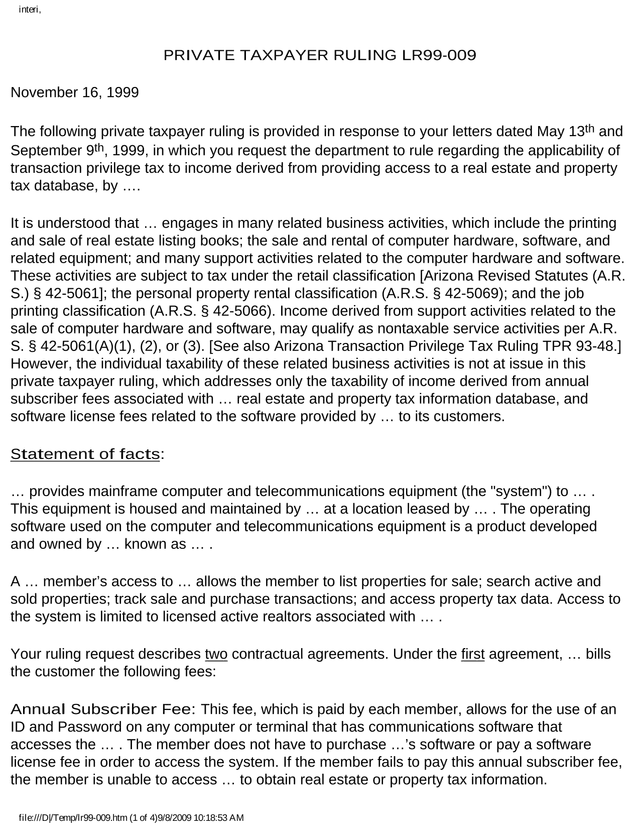 Private Taxpayer Ruling LR99 009 screenshot