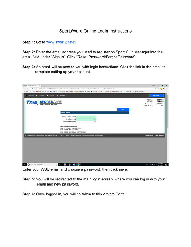 SportsWare Online Login Instructions screenshot