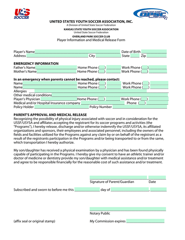 Player Information And Medical Release Form screenshot