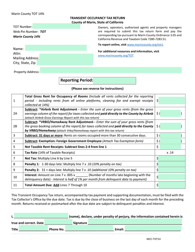 Marin County Transient Occupancy Tax (TOT) Return screenshot