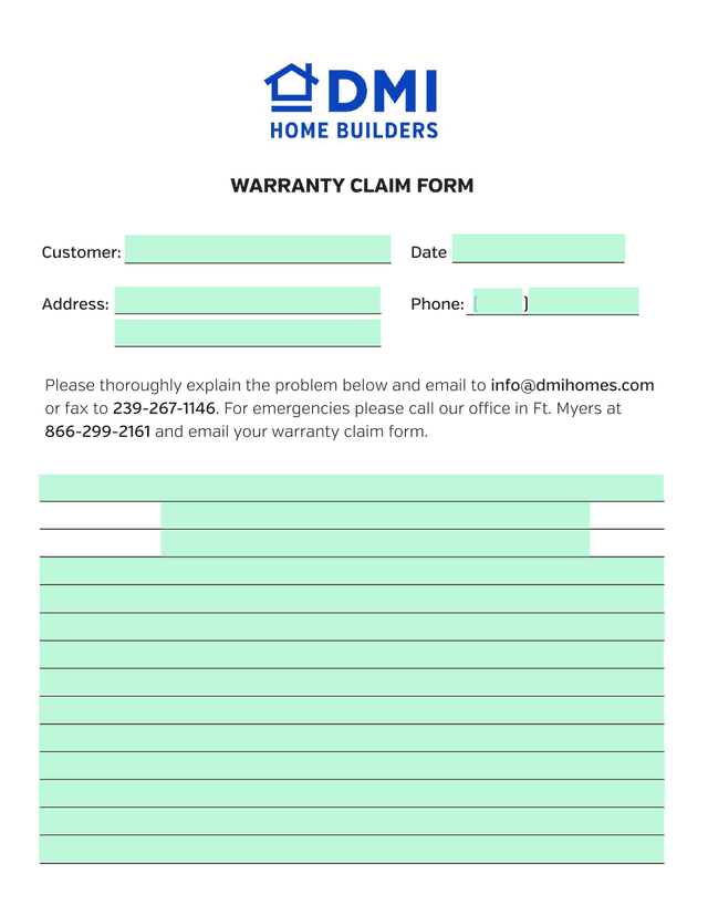 WARRANTY CLAIM FORM screenshot