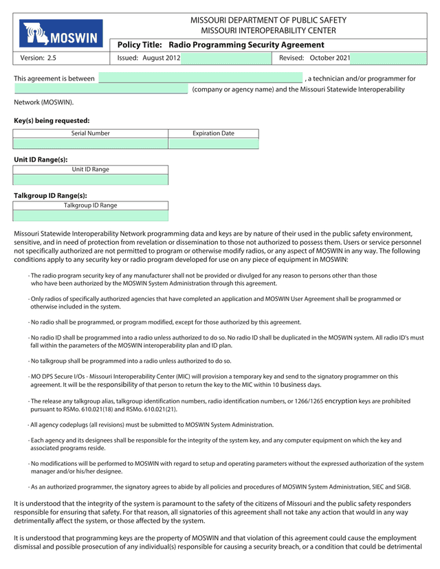 Radio Programming Security Agreement screenshot