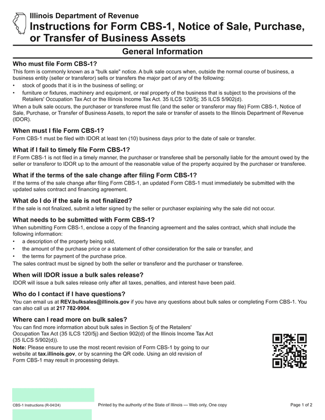 Notice Of Sale, Purchase, Or Transfer Of Business Assets (Form CBS 1) screenshot