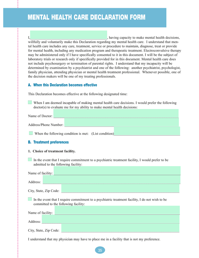 Mental Health Care Declaration Form screenshot