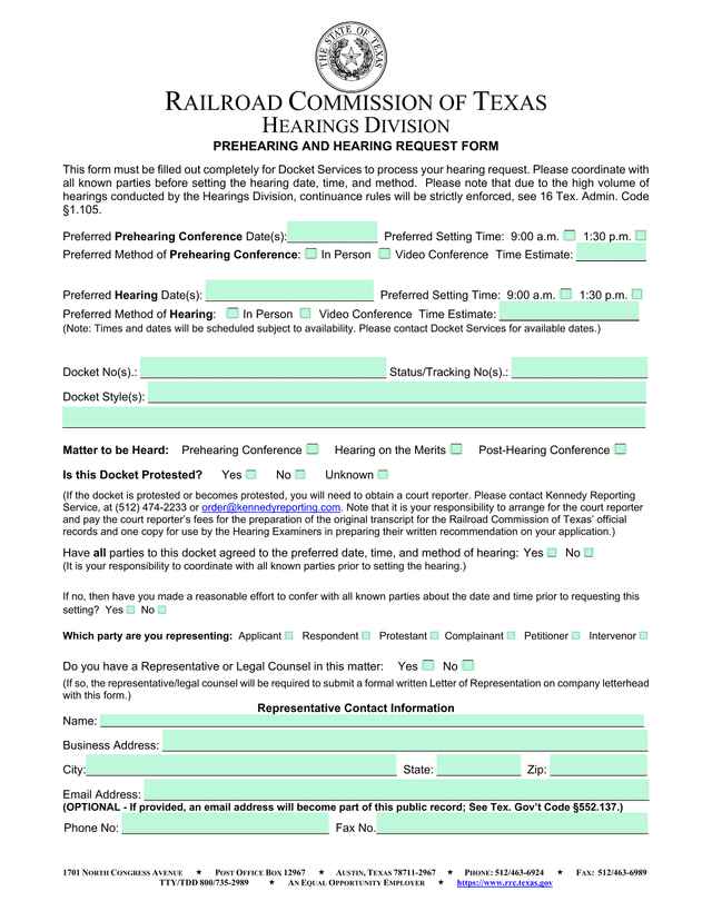 PREHEARING AND HEARING REQUEST FORM screenshot