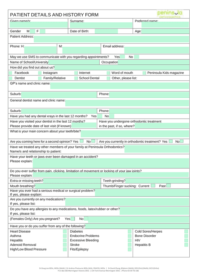 PATIENT DETAILS AND HISTORY FORM screenshot