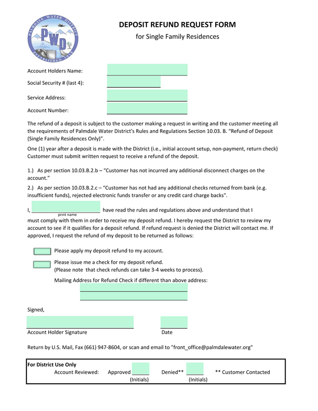DEPOSIT REFUND REQUEST FORM For Single Family Residences screenshot