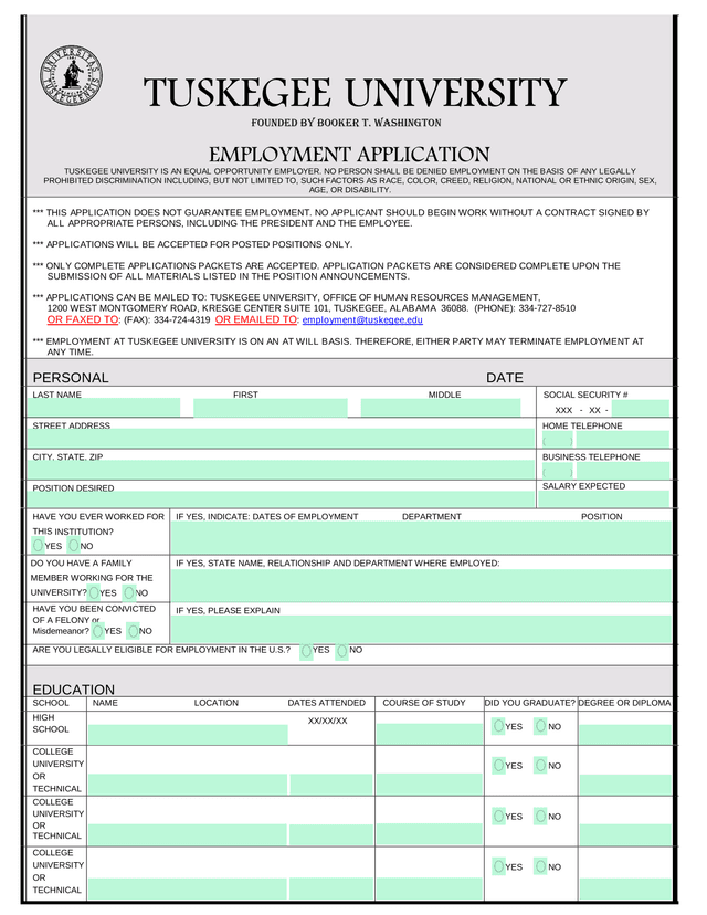 Tuskegee University Employment Application screenshot