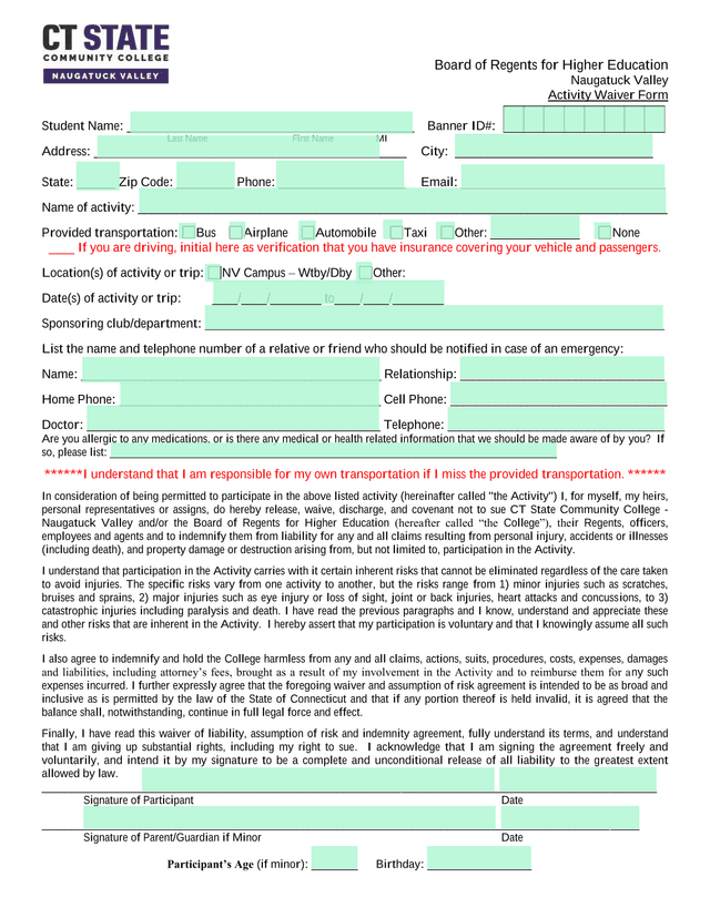 Naugatuck Valley Activity Waiver Form screenshot