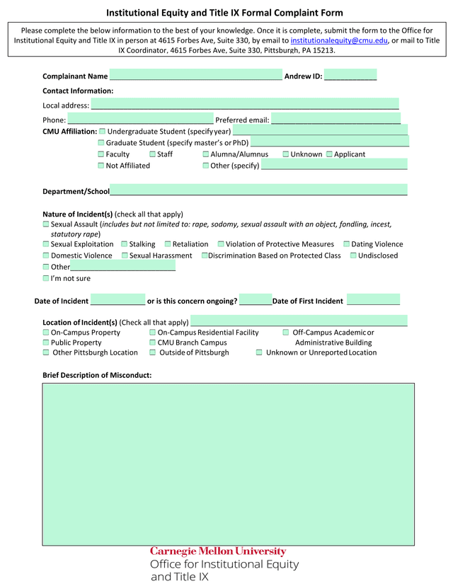 Institutional Equity And Title IX Formal Complaint Form screenshot
