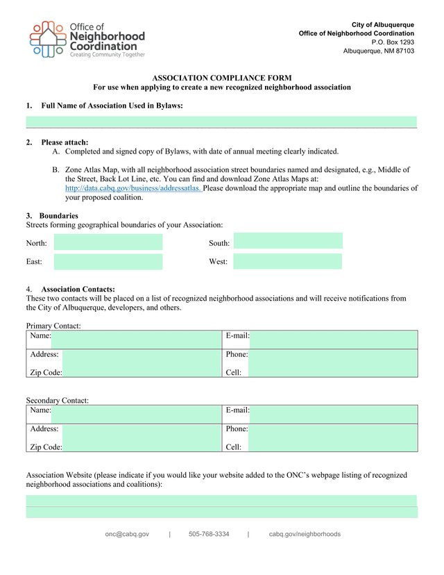 Association Compliance Form screenshot