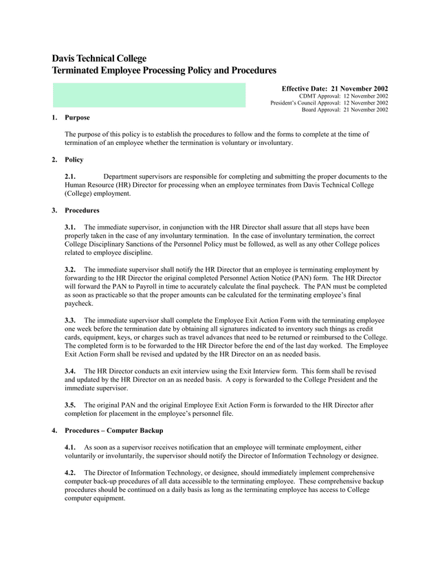 Terminated Employee Processing Policy And Procedures screenshot