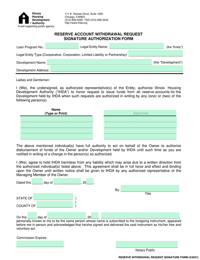 RESERVE WITHDRAWAL REQUEST SIGNATURE FORM screenshot