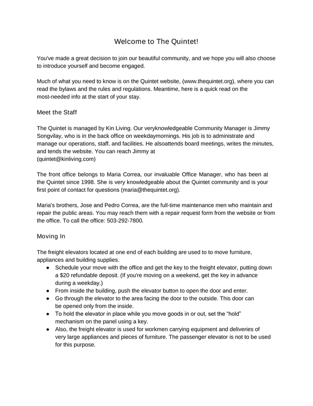 The Quintet Community Welcome Guide screenshot