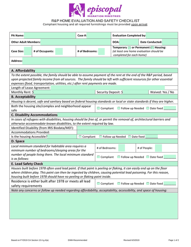 RP HOME EVALUATION AND SAFETY CHECKLIST screenshot
