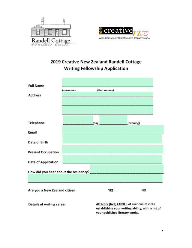 2019 Creative New Zealand Randell Cottage Writing Fellowship Application screenshot