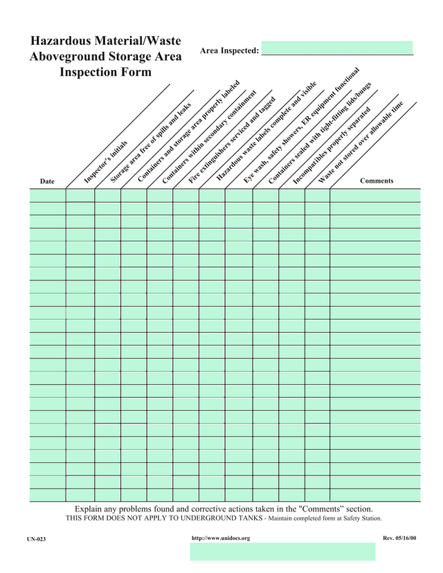 Hazardous MaterialWaste Aboveground Storage Area Inspection Form screenshot