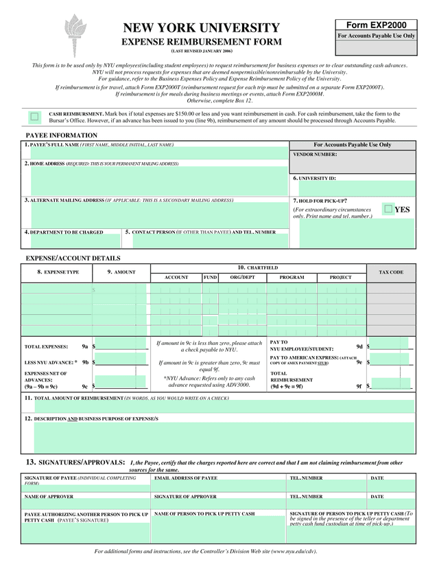 NYU Expense Reimbursement Form screenshot