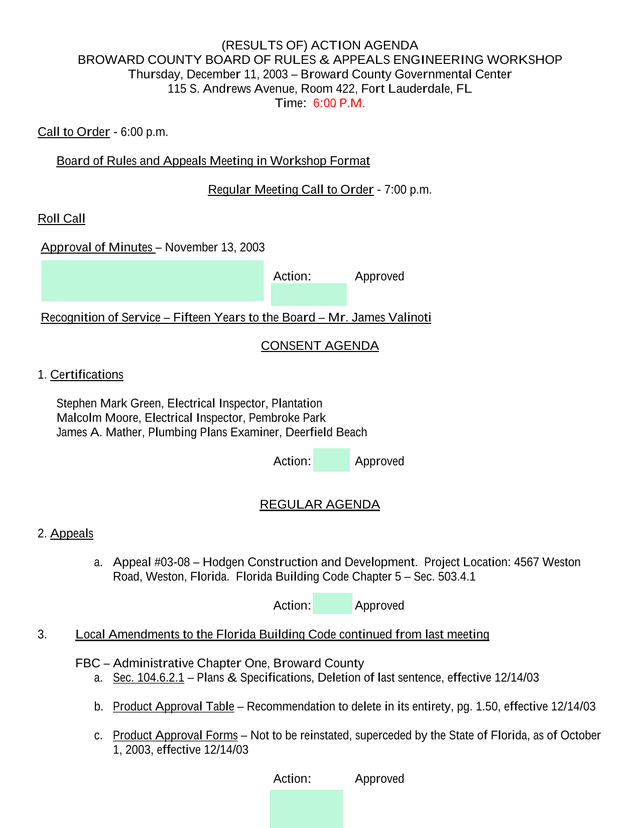 Action Agenda   Broward County Board Of Rules  Appeals Engineering Workshop screenshot